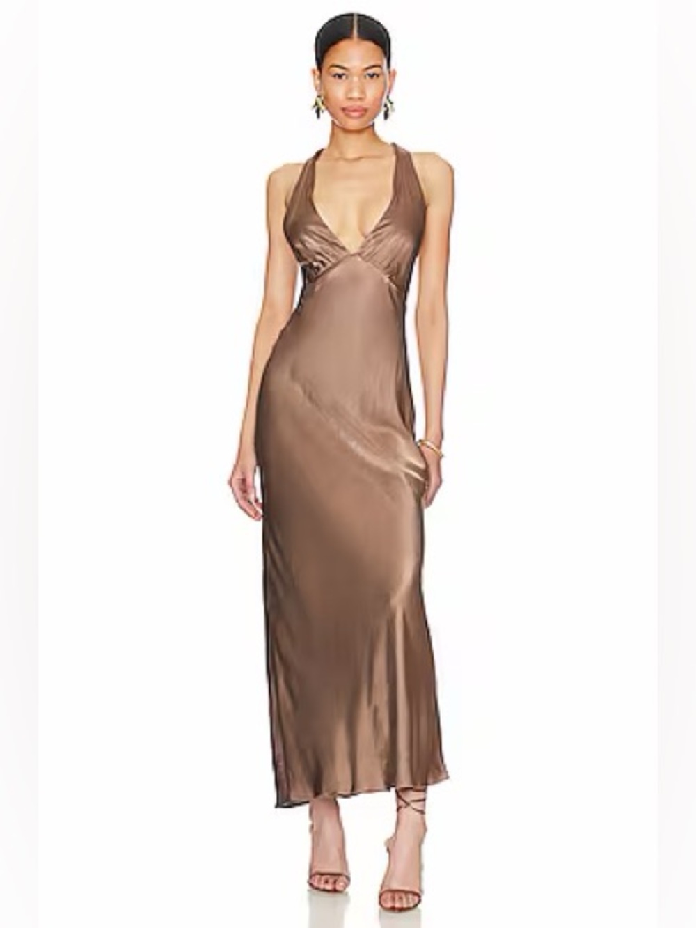 Shona Joy Milo Plunged Cross Back Midi Dress in Cacao US6